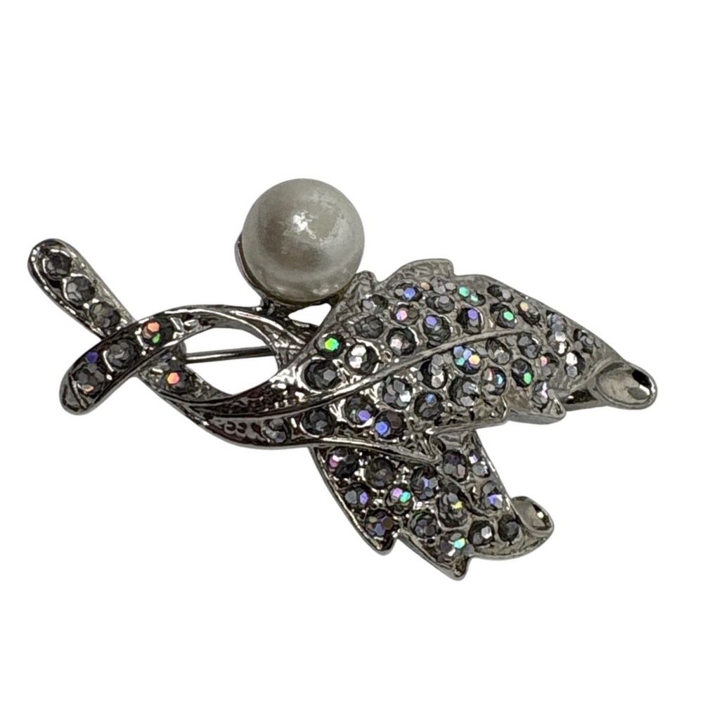 Silver Tone Faux Pearl Aurora Borealis Rhinestone Leaf Brooch Pin 1.75 Inch
